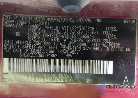 2008 Toyota Sienna Le из США, поврежденный, VIN 5TDZK23C38S191862